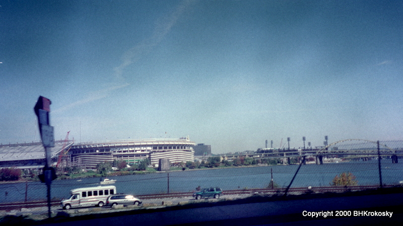 View of Heinz Field, Three Rivers Stadium and PNC Park, from across the river.