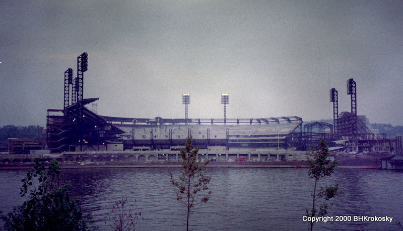 A view of the unfinsihed PNC Park, from across the Clemente Bridge, circa summer 2000.