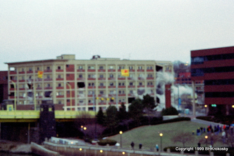 Blurry picture of the explosions going off at Three Rivers Plaza, future site of PNC Park.